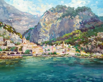 Amalfiküste Ölgemälde: Italienische Seelandschaft Impasto Kunst