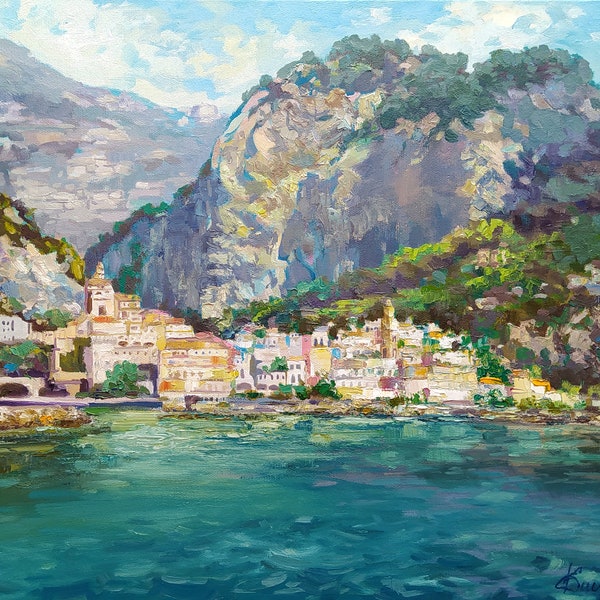 Pintura al óleo de la costa de Amalfi: arte empastado de paisajes marinos italianos