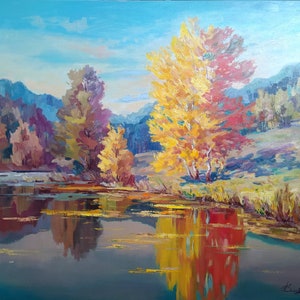 Original Autumn Landscape Oil Painting on Canvas (40x46 in)