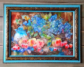 Original Watercolor Painting: Grapes and Peaches Still Life, Framed Art