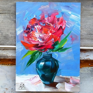 Original Peony Oil Painting: Impasto Flower Art, 5x7 inch