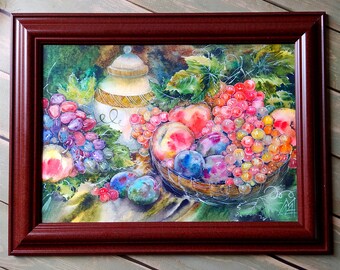 Grapes painting in watercolor. PRINT from an original painting. Fruit still life in watercolor GICLE PRINT. Kitchen decor Gift for mom.