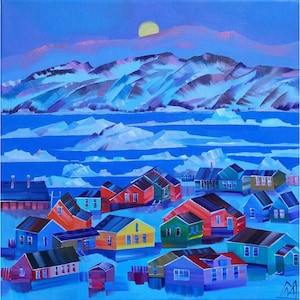 May include: A colorful painting of a small village with houses in various shades of blue, green, red, and yellow. The village is situated on a frozen ocean with ice floes and a mountain range in the background. The sky is a vibrant blue with a yellow sun.