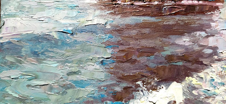 May include: Abstract painting with thick brushstrokes in shades of blue, brown, and white. The painting has a textured surface and a horizontal orientation.