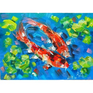 Koi Fish Oil Painting: Original Impasto Goldfish Art (5x7 inch)