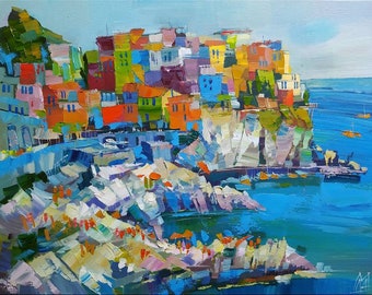 Cinque Terre painting. Italian Riviera painting. Cinque Terre National Park. Landscape oil painting