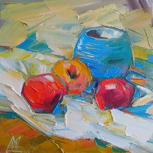 Peinture à l&#39;huile originale : nature morte de fruits, toile 8 x 8