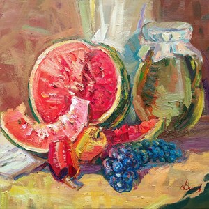 Watermelon Still Life Oil Painting: Original Autumn Art (20x24 inches)
