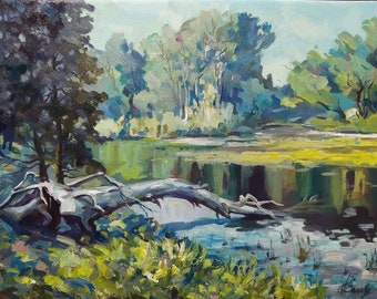 Impressionist Autumn Lake Oil Painting on Canvas (12x16)