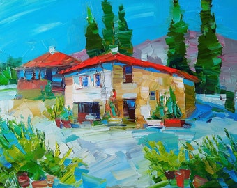 Italian Village Oil Painting: Original Impressionist Landscape Art