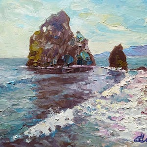May include: A painting of two large rock formations rising from the ocean. The rocks are a dark brown color and the water is a light blue with white waves crashing against the shore.