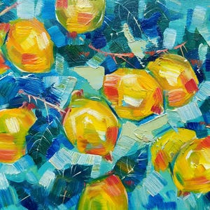 レモンの静物画、板に描いたオリジナルの油絵、フルーツの壁アート