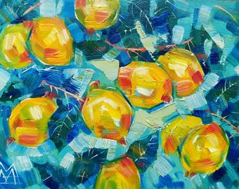 Lemon Oil Painting Original Small Painting Handmade Citrus Still Life, Kitchen Wall Art (5x7 inch)