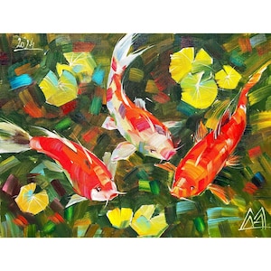 Koi Fish Oil Painting: Impasto Goldfish Art, Palette Knife Artwork (6x8 inch)