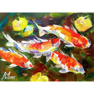 Koi Fish Oil Painting: Impressionist Goldfish Art (5x7 inch)