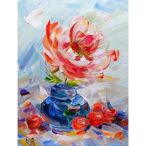 Original Peony Oil Painting: Impasto Flower Art, 6x8 inch
