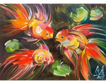 Koi Fish Oil Painting: Original Impasto Goldfish Art (5x7 inch)