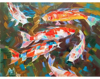 小さな滝のある池で泳ぐ 9 匹の鯉を描いた油絵。キャンバスの壁アート