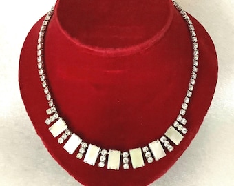Vintage Rhinestone Necklace With Mother of Pearl Detail. Cocktail Jewellery, 1960s