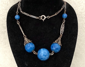 Art Deco Blue Peking Glass Czech Necklace, Silvertone Chain.  Glass Beads Accents