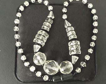 Art Deco Necklace With Black Glass Stones And Clear Faceted Crystals