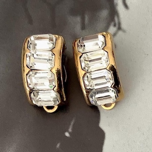 Small Half Hoop Vintage Clip Earrings With Sparkly Baguette Stones Signed M&S