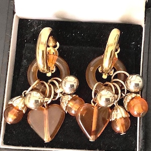 1980s Convertible Hoop Clip Earrings with Plastic Charms Gold Tone Metal