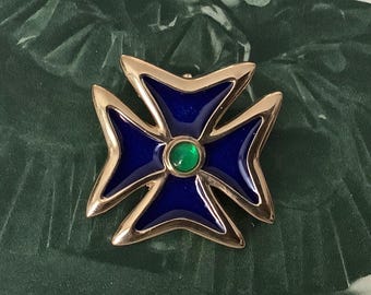 Vintage Blue Enamel Maltese Cross Brooch Convertible Pendant Gold Tone Metal