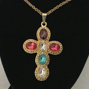 Vintage Costume Faux Gems Large Cross On Chain