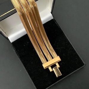 Könnte beinhalten: Ein goldfarbenes Armband mit mehrsträngigem Design, präsentiert in einer schwarzen Schmuckschatulle. Das Armband hat flache, wellenförmige Ketten, die durch einen rechteckigen Verschluss verbunden sind. Die Schatulle hat ein weißes Innenfutter.