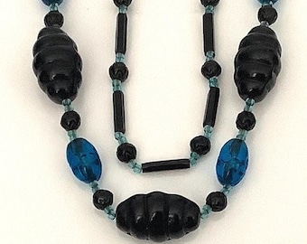 Art Deco Czech Glass Flapper Necklace, Black & Blue Beads, 1920s Long Necklace