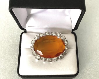Vintage Brooch Glass And Rhinestone Topaz Colour And Clear Stones Silver Tone