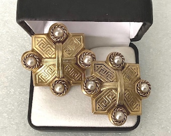 1980s Butler And Wilson Faux Pearl Etruscan Style Clip Earrings