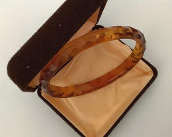 Art Deco Faceted Glass Bangle: Cognac Topaz Colour, Slim Design
