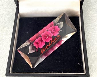 Vintage “Mother”  Reversed Carved Lucite Brooch With Pink Roses And Foliage