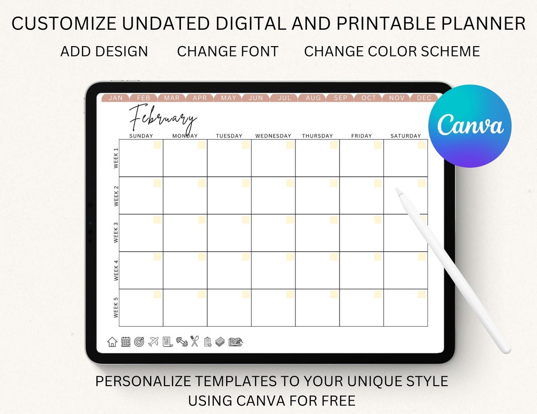 Customizable Undated Digital Planner Monthly, Weekly, and Daly Planner