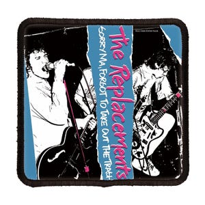 Puede incluir: Imagen en blanco y negro de una banda, The Replacements, con el texto "The Replacements" y "Sorry Ma, Forgot to Take Out the Trash" sobre un fondo azul.