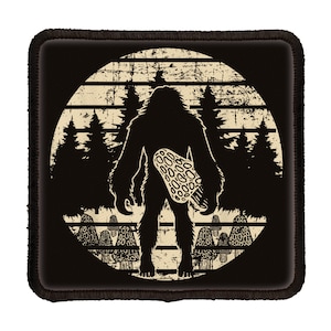 May include: A black and white illustration of Bigfoot holding a mushroom in a retro style with a distressed background.