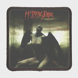 May include: Square patch with a dark, gothic design. The image features a nude figure with large black wings, set against a blurred, ominous background. The text "MY DYING BRIDE" is at the top.