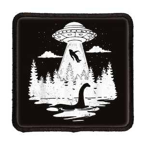 May include: Black and white illustration of a UFO abducting a person over a lake with a Loch Ness Monster in the water. The image has a distressed, vintage look.