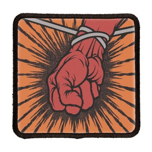 May include: A red fist clenched tightly, bound with a gray rope, against a background of orange and black radiating lines.