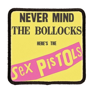 May include: A yellow and pink square patch with black text that reads "Never Mind The Bollocks Here's The Sex Pistols".