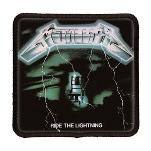 May include: Black and white square patch with the band name "Metallica" in silver lettering above a green and white image of an electric chair with lightning bolts in the background. The text "Ride the Lightning" is printed below the image.
