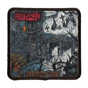 May include: Square patch with a dark, detailed illustration. The artwork depicts a gothic scene with a bridge, trees, and a graveyard. The text "SORCENED" is at the top, and "SHADOWS OF PAIN" is at the bottom. The patch has a brown border.