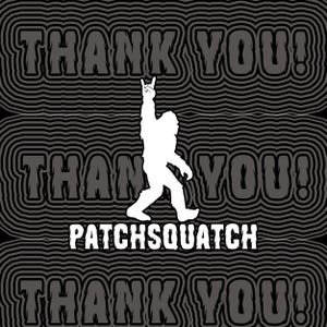 May include: A white silhouette of a sasquatch with a rock and roll hand gesture, standing in front of a black and white striped background. The text "Thank You!" is repeated three times in a bold, black font.