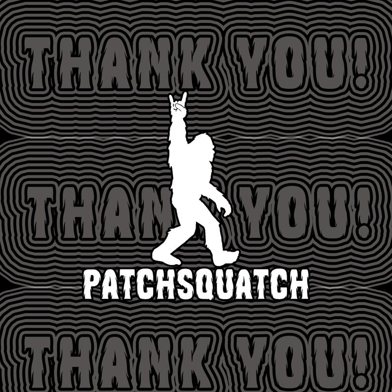 May include: A white silhouette of a sasquatch with a rock and roll hand gesture, standing in front of a black and white striped background. The text "Thank You!" is repeated three times in a bold, black font.