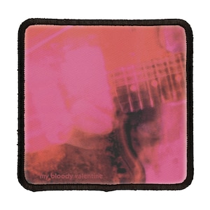 May include: A pink and black embroidered patch with the text "my bloody valentine" in white.