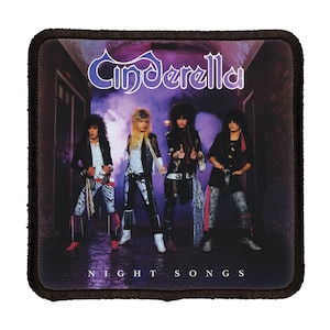 May include: A square patch with a black border and a purple background. The band Cinderella is printed in white with the album title "Night Songs" printed below. The band members are pictured in black clothing with a purple haze behind them.