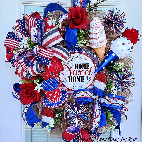 Patriotic America Wreath, Fourth of July Wreath, Ice Cream America Wreath, July Fourth, USA, Memorial Day Wreath, Front Door
