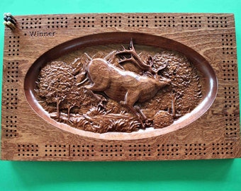 Rectangular Carved Elk Cribbage Board